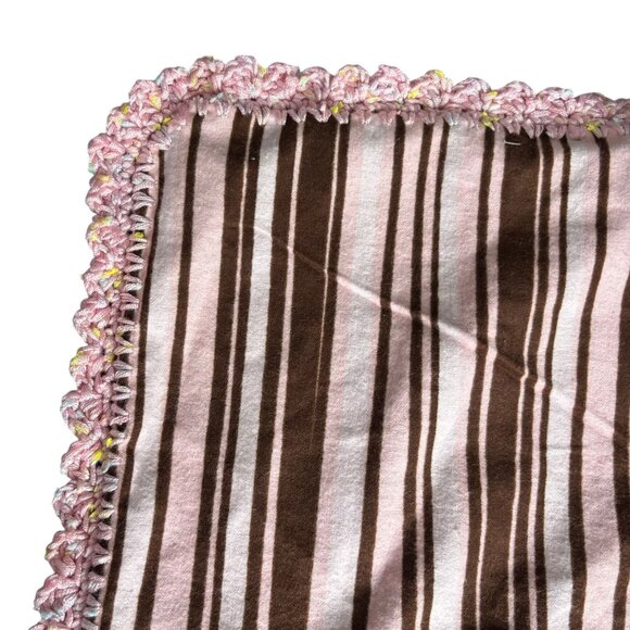 Handmade Baby Receiving Blanket Booties Set Striped Brown Pink Crochet Border - Picture 2 of 6